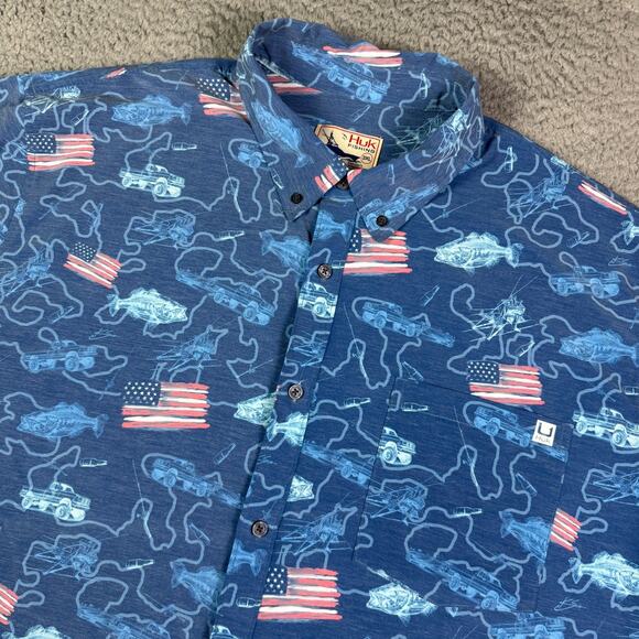 Huk Kona Shirt Mens 3XL Blue Fishing Performance Stretch Button Down Fish Flags - Picture 1 of 8